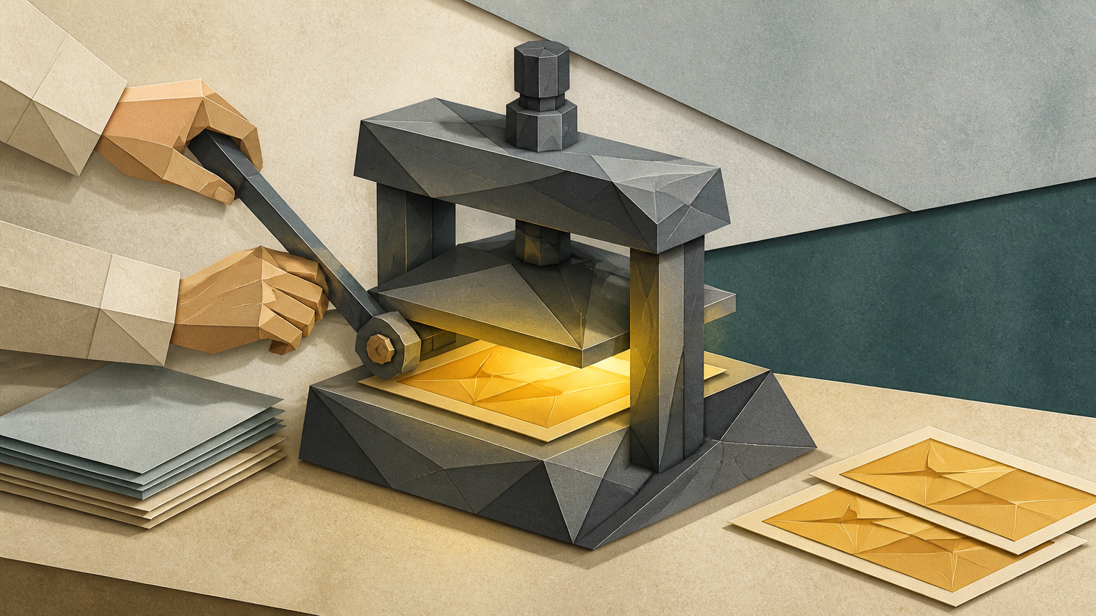A proofing press mid-cycle: unfinished drafts wait on one side, a human pulls the lever, and approved gold sheets leave on the other